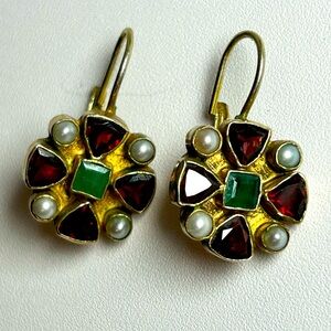 Garnet Emerald Cultured Pearl 24K Plate Sterling Silver 925 Earring Valois Cross
